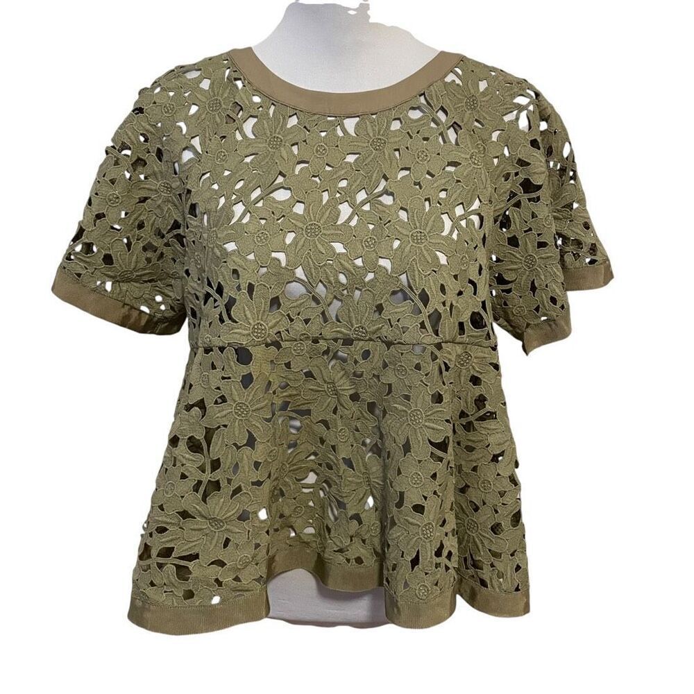 Lace Eyelet Peplum Top Olive Green Size Small